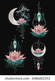 Esoteric labels with lotus flower, crescent moon, text. Vintage mystical illustrations on black background. For clothing, apparel, T-shirts, surface decoration.
