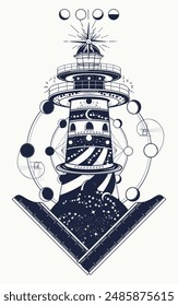 Esoteric lighthouse tattoo. Alchemy, spiritual search and outdoors art. Masonic symbol of adventure,tourism, dream. Concept t-shirt design