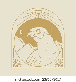 Esoteric linear boho logo, border or frame elements. Boho arch frame with celestials, sun, moon, bird. Mystical vector illustration. Desert with dunes, sky emblem and totem wild animal.