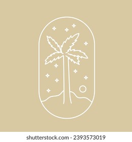 Esoteric linear boho logo, border or frame. Bohem arch frame with simple celestial, moon, palm tree scene. Mystical vector illustration. Desert or tropic beach landscape with night sky emblem.