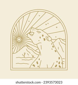 Esoteric lineares boho Logo, Rahmen- oder Rahmenelemente. Boho Bogenrahmen mit Himmelskörpern, Sonne, Leopard. Mystische Vektorgrafik. Wüste mit Dünen, Himmelsemblem und Totem Wildtier.