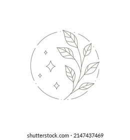 Logotipo simple lineal y estelar con estrellas brillantes y rama de árbol vegetal natural en la ilustración del vector del marco circular. Mágica meditación ramita de arte monocromática con hojas cuidado de la piel belleza wellness spa