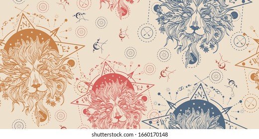 Esoteric lion head. Seamless pattern. Packing old paper, scrapbooking style. Vintage background. Medieval manuscript, engraving art. Symbol of alchemy, religion, spirituality, occultism 