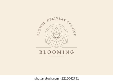 Esoteric logo bright lotus in human hands mindfulness spiritual organic spa relaxation minimalist vector illustration. Simple illuminated yoga wellness botanical plant line art emblem