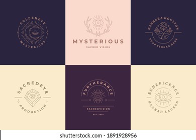 Esoteric logos emblems design templates set with magic eyes and eyelashes vector illustrations minimal linear style. Outline symbols for magician logotype or vision health insignia branding