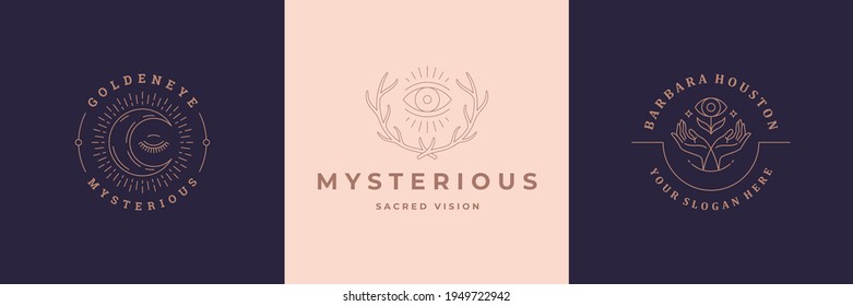 Esoteric logos emblems design templates set with magic eyes and eyelashes vector illustrations minimal linear style. Outline symbols for magician logotype or vision health insignia branding