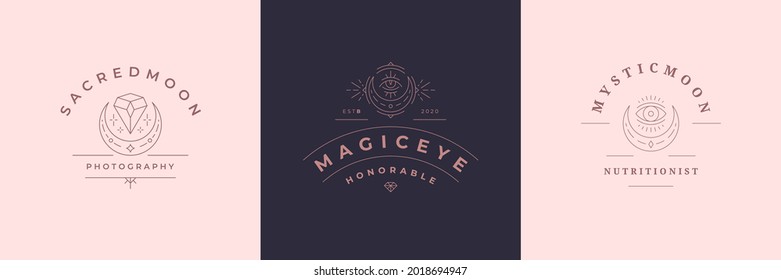 Esoteric logos emblems design templates set with mystic moon and magic eye vector illustrations minimal linear style. Outline symbols for magician logotype or witchcraft insignia branding