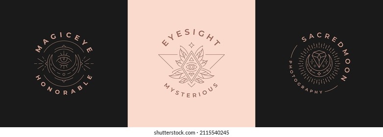 Esoteric logos emblems design templates set with magic eyes and eyelashes vector illustrations minimal linear style. Outline symbols for magician logotype or vision health insignia branding