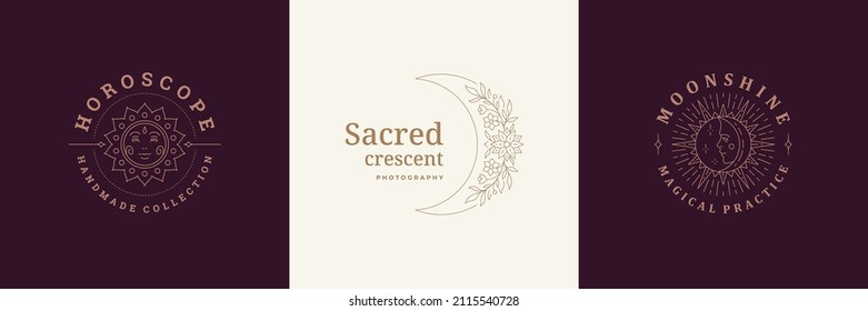 Esoteric logos emblems design templates set with mystic moon and magic sun vector illustrations minimal linear style. Outline symbols for magical logotype or enchantress insignia branding