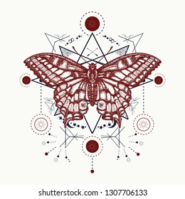 Esoteric magic butterfly geometrical style tattoo. Beautiful Swallowtail boho t-shirt design. Mystical esoteric symbol of freedom, travel, tourism 