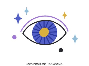 Esoteric magic evil eye among stars. Mystical occult eyeball with hypnotic look. Holy God watching. Ancient spiritual symbol in doodle style. Flat vector illustration isolated on white background