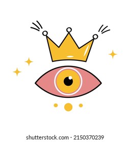 Esoteric magic of the evil eye in a female golden crown. Mystical occult eyeball with hypnotic gaze. Ancient spiritual symbol in doodle style. Flat vector illustration isolated on white background.
