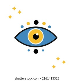 Esoteric magic of the evil eye. Mystical occult eyeball with hypnotic gaze. Ancient spiritual symbol in doodle style. Flat vector illustration isolated on white background.