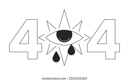Esoteric magic eye crying tears black white error 404 flash message. Sacred geometry. Monochrome empty state ui design. Page not found popup cartoon image. Vector flat outline illustration concept