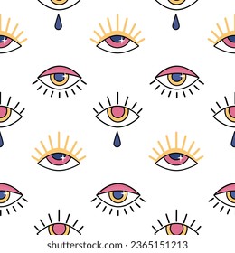 Esoteric magic eyes seamless pattern on white background. Colored evil eye icons with eyelashes and tear in flat style