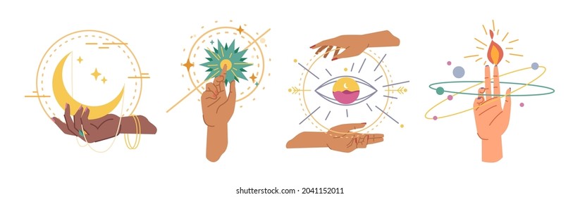 Esoteric, magic hands sign symbols created by gestures. Vector mystical goddess hands,evil eye, celestial symbols of moon phase. Esoteric, spiritual, wicca occult inspired magician mystical arms