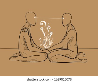 Esoteric and magic illustration of two persons in graphics. Soul and body splitting. Figure black pen isolated background