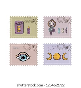Esoteric Magic Postage Stamps. Hand Drawn Vector Illustration Icon Set. Sacred Symbol Postal Stationery. Tarot, Crystal, Magic Eye, Dreamcatcher for Boho New Age Meditation Journal, Solstice Mail Art.