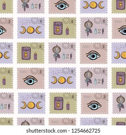 Esoteric Magic Postage Stamps. Hand Drawn Seamless Vector Pattern. Spiritual Symbols Postal Stationery. Tarot, Crystal, Dreamcatcher. Meditation Journal Mail Art Backgrounds, Boho New Age Planners