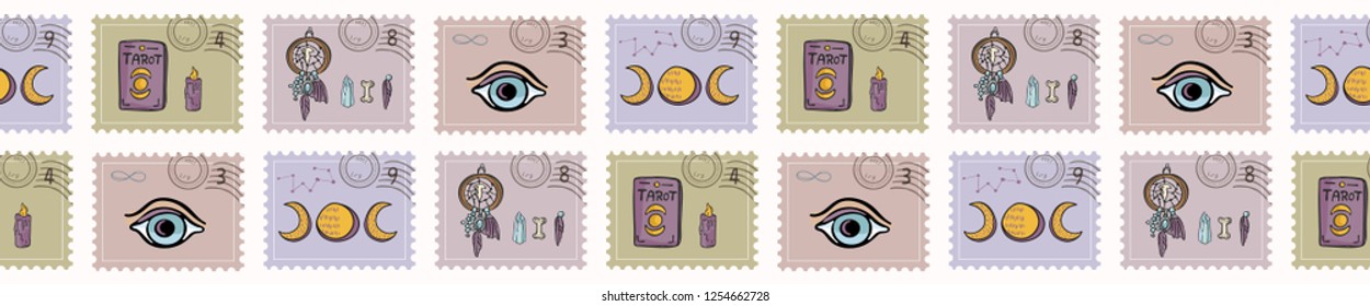 Esoteric Magic Postage Stamps. Hand Drawn Seamless Vector Border. Spiritual Symbols Postal Stationery. Tarot, Crystal, Dreamcatcher. Meditation Journal Mail Art Banner Ribbon, Boho New Age Planners.