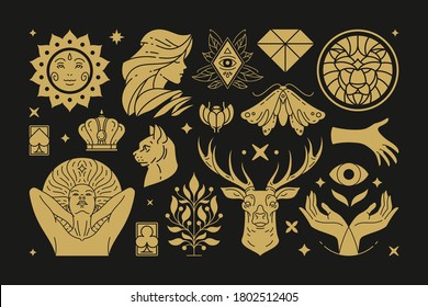 Esoteric magic and witch vector design elements set with female hands gestures. Hand drawn silhouettes, spiritual stickers collection. Witchcraft symbols for greeting cards, mystery logo or poster