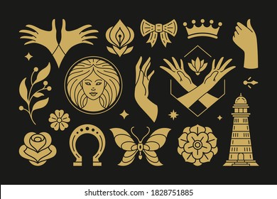 Esoteric magic and witch vector design elements set with female hands gestures. Hand drawn silhouettes, spiritual stickers collection. Witchcraft symbols for greeting cards, sacred logo or poster