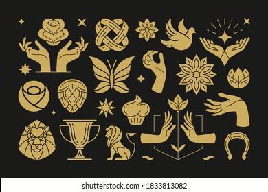 Esoteric magic and witch vector design elements set with female hands gestures. Hand drawn silhouettes, spiritual stickers collection. Witchcraft symbols for greeting cards, sacred logo or poster