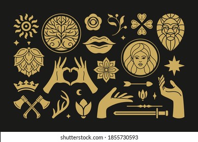 Esoteric magic and witch vector design elements set with female hands gestures. Hand drawn silhouettes, spiritual stickers collection. Witchcraft symbols for greeting cards, sacred logo or poster