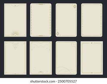 Esoteric magical Tarot cards templates. Golden frame border with celestial elements, crescents, stars. Mystery, astrology, alchemy. Vector illustration