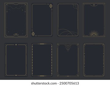 Esoteric magical Tarot cards templates. Frame border with celestial elements, crescents, stars. Mystery, astrology, alchemy. Vector illustration