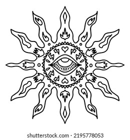 Esoteric mandala line art, outline, coloring page illustration. Vector Spiritual sun with the third eye in the middle, signs of lightning, love and hearts, palms. Concept T-shirt print illustration.