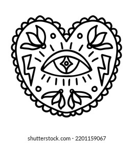 Esoteric mandala line art, outline, coloring page. Vector Spiritual heart with the third eye in the middle, star, thunderstorm lightning, and flowers. T-shirt print illustration.