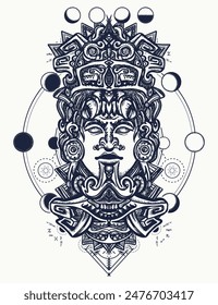 Esoteric Mayan totem and universe. Sacred geometry tattoo and t-shirt design. Mexican god