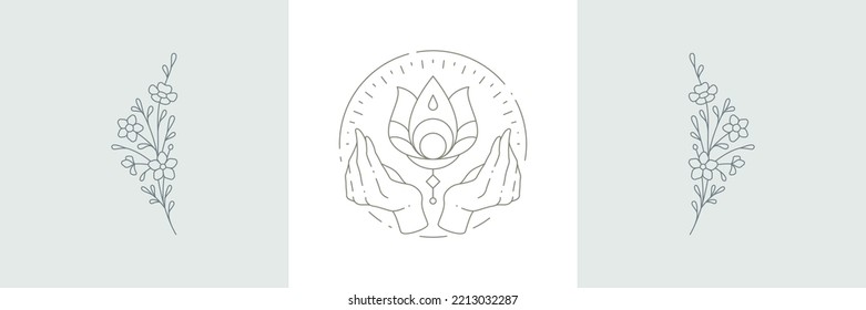 Esoteric mindfulness simple linear logo with hands namaste lotus flower botanical pastel card set vector illustration. Magic yoga wellness studio icon floral natural plant tree branch twig with leaves