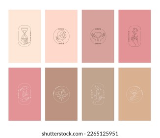 Esoteric minimalist logo set. Collection of posters and banners for website. Imagination and fantasy, mysticism. Candle, crescent moon, heart, hourglass and flower. Cartoon flat vector illustration