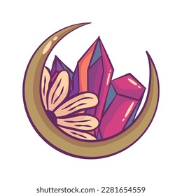 Esoteric moon with flower and crystals isolated. Bohemian crescent occult. Astrological mystical symbol. Vector illustration