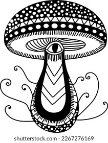 Esoteric mushroom tattoo boho style. Vector black on white illustration