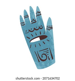 Esoteric, mystic, chiromancy hamsa lucky charm or a hand amulet with all-seeing eye and ritual henna tattoos and textures. Traditional Egyptian, Jewish, Islamic symbol. Hand-drawn vector illustration.