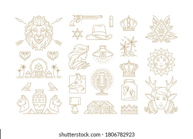 Esoteric and mystic linear symbols set vector illustrations. Female head, magic eye, witchcraft emblems and other line art elements isolated on background for logo or poster decoration.