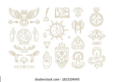 Esoteric and mystic linear symbols set vector illustrations. Mythical cat, crescent moon, witchcraft emblems and other line art elements isolated on background for magic logo or poster decoration.