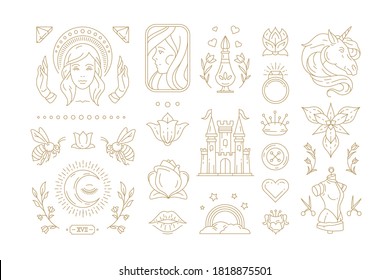 Esoteric and mystic linear symbols set vector illustrations. Fairy tale with princess emblems and other line art elements isolated on white background for magic logo or poster decoration.