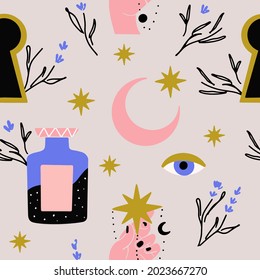 Esoteric mystic pattern with moon, eyes and stars