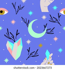 Patrón místico esoterico con luna, ojos y estrellas