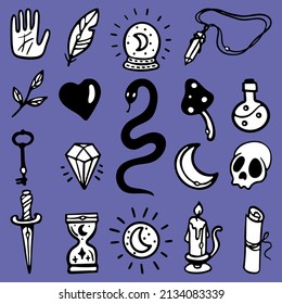 Esoteric Mystical elements Premium Outline Vector Kollektion. Handgezeichnete magische Illustrationen einzeln auf sehr peri Hintergrund