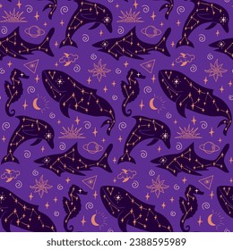 Esoteric mystical flat seamless pattern with whale. Hand drawn sea creatures on purple background. Good for background, wrapping, textile, background, scrapbooking. 3D Illustration