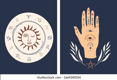 Esoteric, Mystical hand drawn Illustration. Zodiac symbols and hamsa hand. 