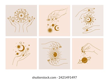 Afiche místico estotérico. Magia hermosa mujer manos con sol celestial, lunas estrellas. Plantilla de tarjeta de diseño con conjunto de símbolos del universo astrológico. Signos o tatuajes espirituales minimalistas