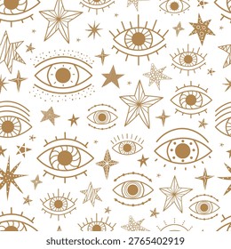 Esoteric mystical seamless pattern with Evil eyes and stars. Fabric textile print Can be used in textile industry, paper, background, scrapbooking.