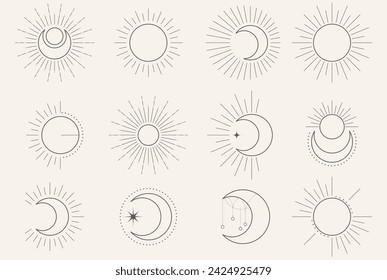 Esoteric and mystical symbols of moon and sun, celestial and occult tarot sings, astrology elements, vector