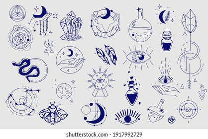 Esoteric, Mythology Element Collection. Doodle Esoteric, Boho Mystical Hand Drawn Elements. Magic And Witchcraft, Witch Esoteric Alchemy. Icons Set. Vector